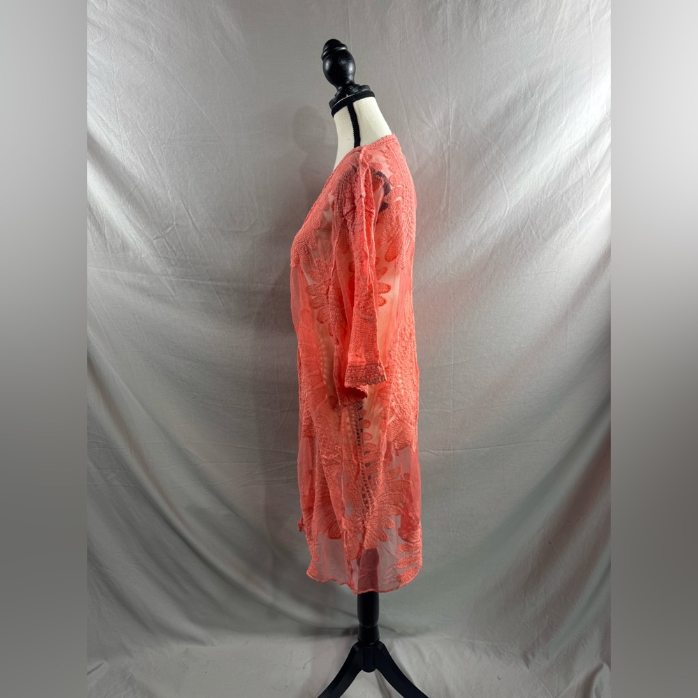 Kimono Cover Up With Cropped Sleeves Coral Orange - Picture 6 of 7